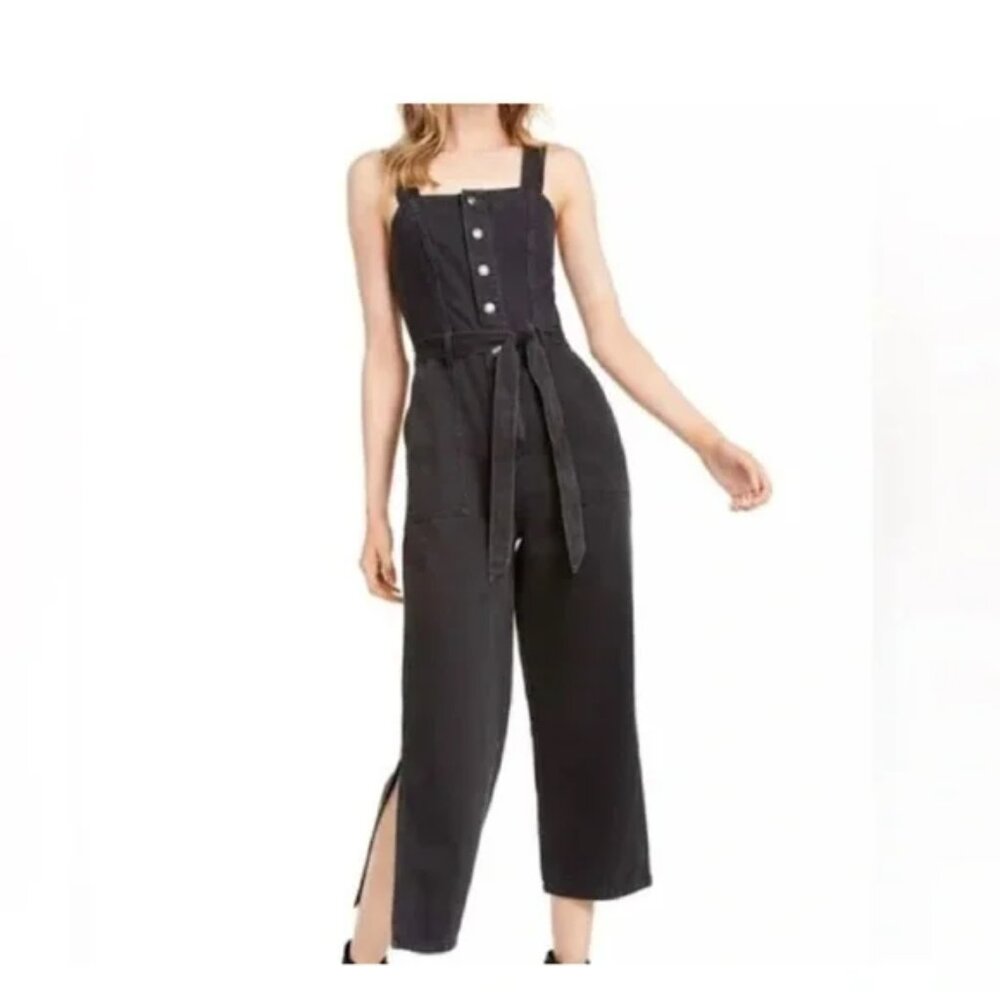OAT New York Black Denim Cropped Slit Hem Wide Leg Adjustable Jumper Romper 12